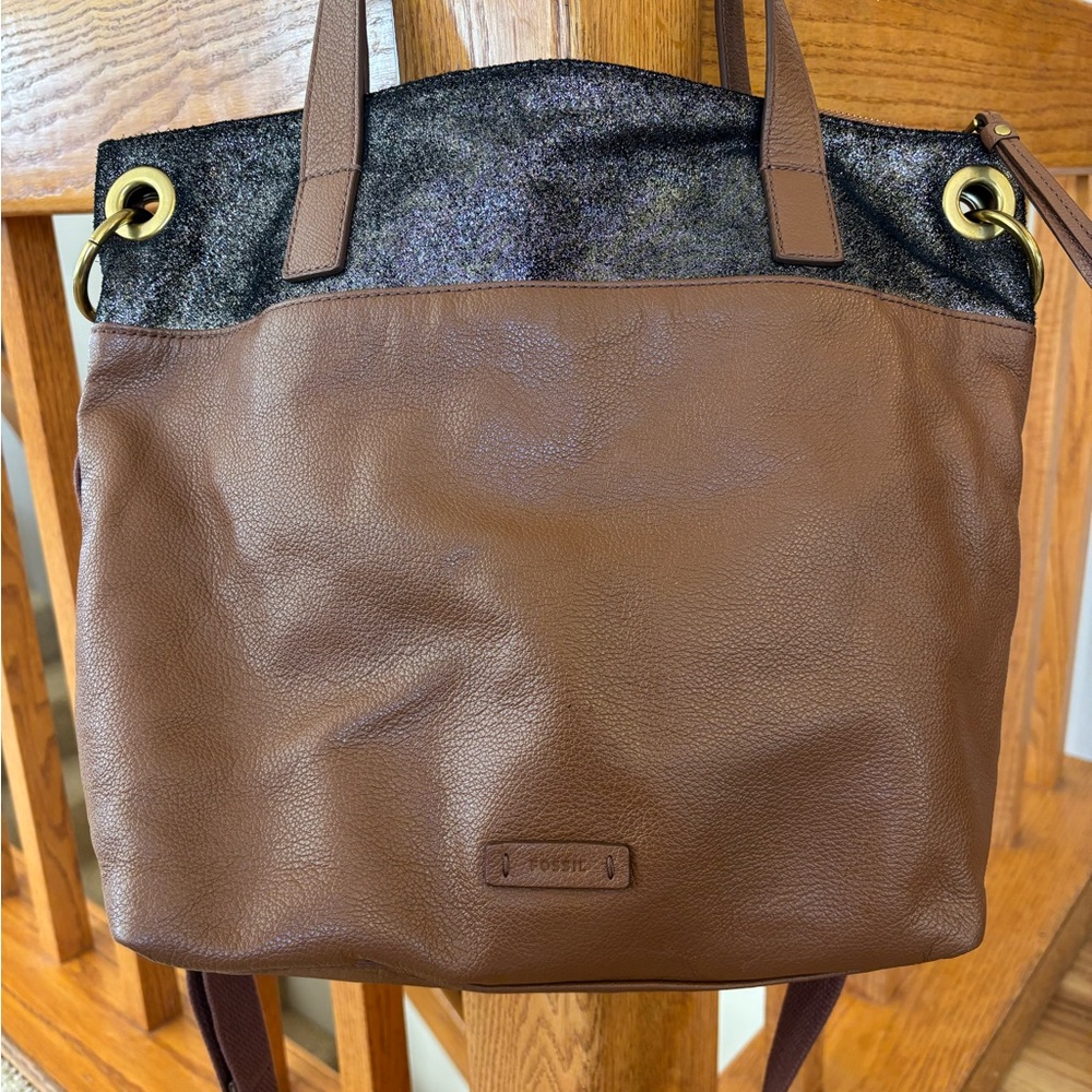 Large Brown Leather Fossil Crossbody Bag with Black Shimmer